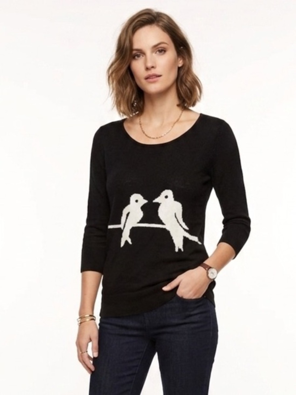 Black & White Scoop Neck Bird Motif Sweater Size Small